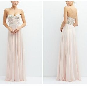 Dessy Collection Strapless Floral Embroidered Corset Maxi Dress Blush